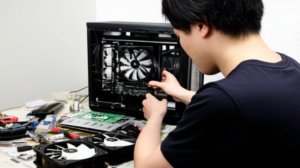 メインキーワード：冷却ファン配置　見出し用キーワードリスト: 12v 制御盤 冷却ファンとは 100v コンセント エアコン 大型 薄型 向き 100v 5v 40mm 構造 200v 3ピン 50mm 規格 サイズ 2連 3ピン 4ピン 3線 4ピン 吸気 排気 8cm 吸引式 水冷式 上着 音 対策 風の流れ 吸い込み 吐き出し 掃除方法 端子 取り外し 羽根 必要性 名称 排熱 冷暖ハイタワーファンの挿絵5